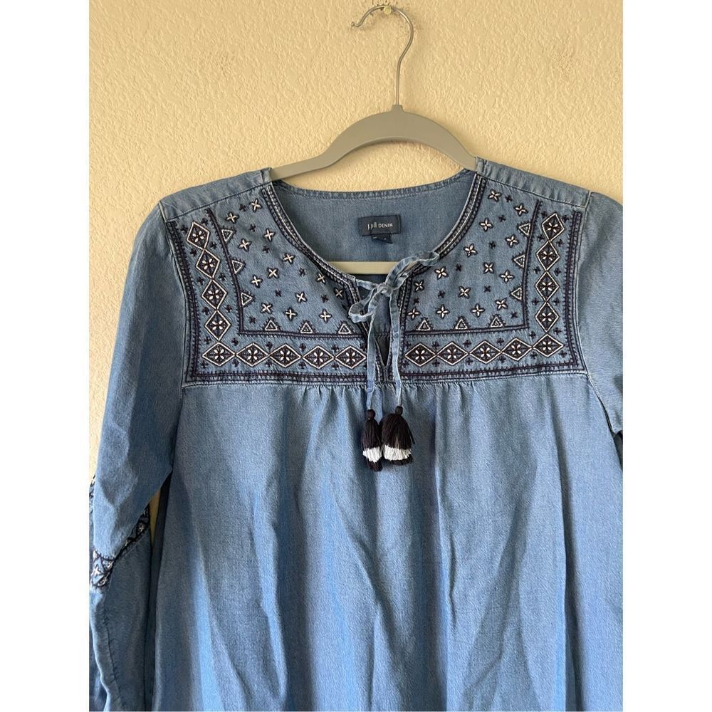 J Jill‎ denim embroidered peasant boho chambray mini dress size xs - Picture 2 of 8